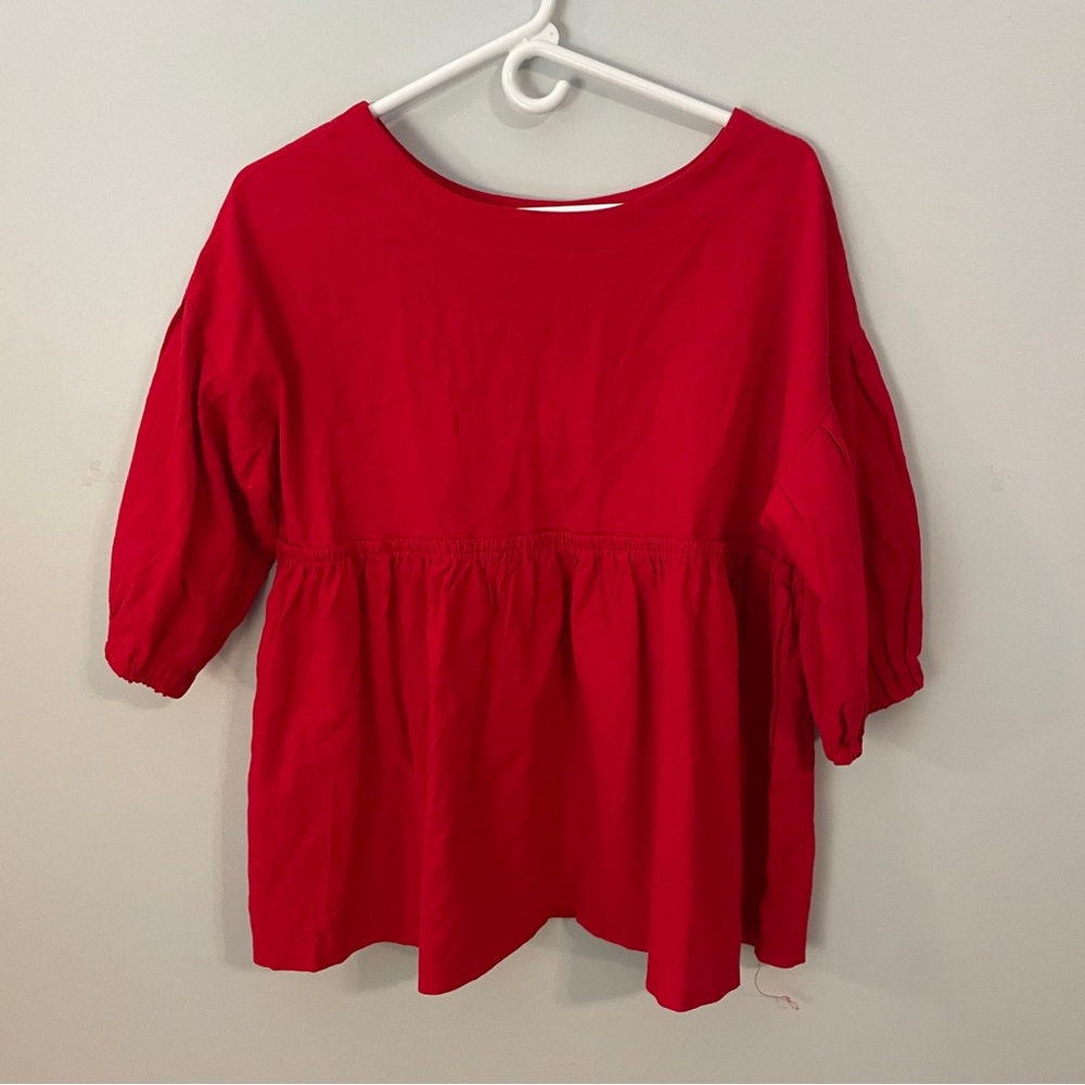 NWT Cellabie Red Cinched Sleeve Peplum Blouse Size Large